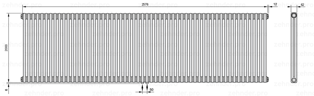 Схема (чертеж) Радиатор Zehnder Charleston 2200/56 №3470 Белый глянцевый RAL 9016